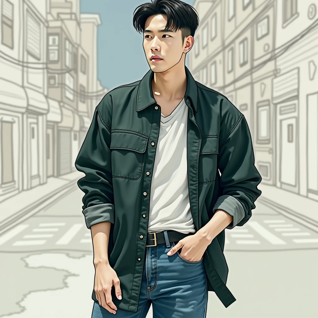 A Korean man standing in a street white shirt jeans pant and jacket, buzz cut, very Short hair, 1 inch hair with short Comma hair cuve on forehead, No long hair, No flowy hair