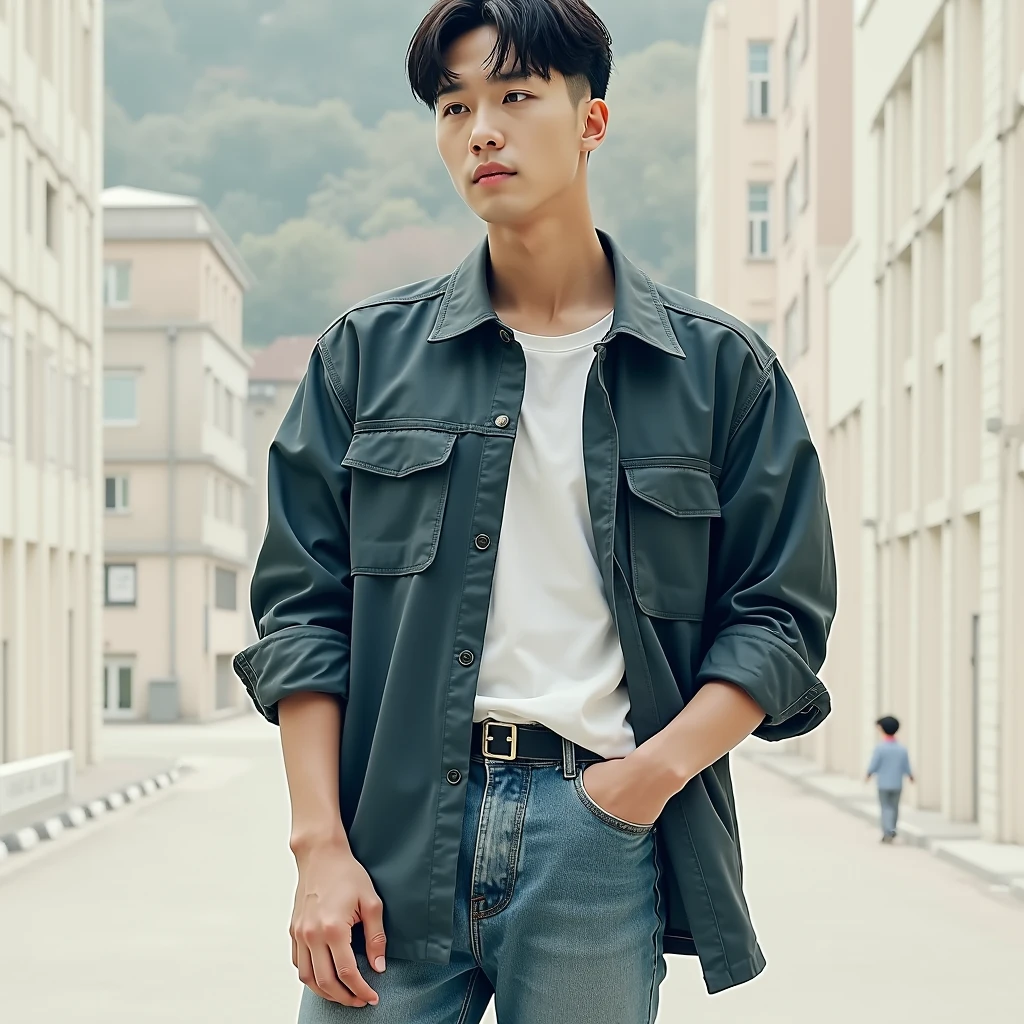 A Korean man standing in a street white shirt jeans pant and jacket, buzz cut, very Short hair, 1 inch hair with short Comma hair cuve on forehead, No long hair, No flowy hair
