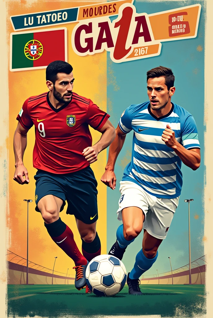 Affiche publicitaire  en français annoncant un  match de galla 
Détail figurant sur l’affiche 
Équipe : portugal et argentine 
Heure :10h30
Stade : stade du marché 
Lieu : biyem-assi
