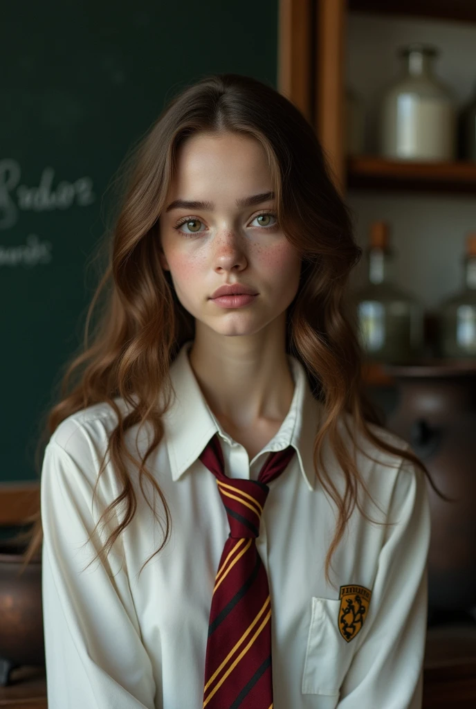 Very pretty 17 year old girl with brown hair, toffee brown eyes, pale skin, and freckles. Dressed in long-sleeved white button-up shirt and Gryffindor tie. Background of Potions classroom. Realistic detailed lifelike photograph
