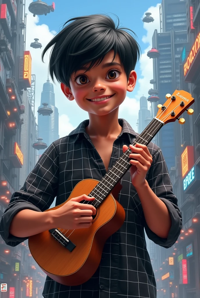 AnythingElse V4, homme mamgache , holding a Ukulele, cheveux noirs, frange, chemise à carreaux noir et blanc, fond ville futuriste,