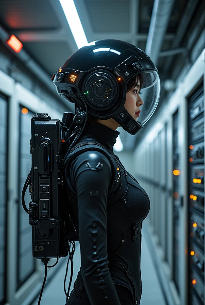 An image of an Asian girl around 18 years old wearing a spacesuit.,She is in a spaceship and she is wearing black tights and studying.,A black helmet with many wires connecting to the brain and computer to help her learn better.,She started learning more,5 computers are running at full capacity to help her learn,there's always a life support system that measures IQ health heart rate indicators
