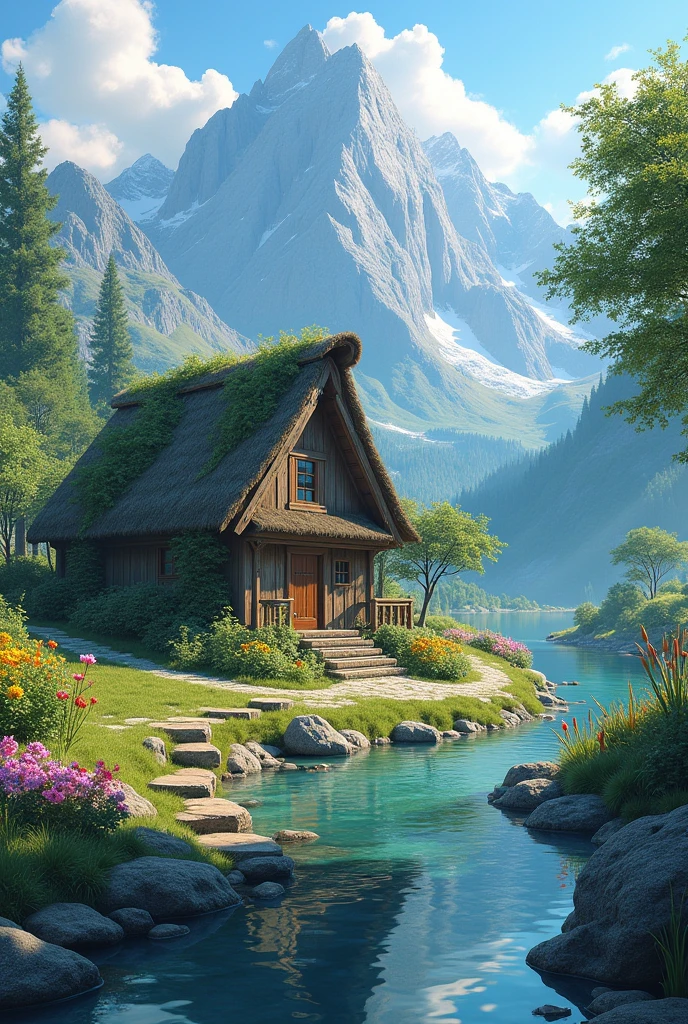 A hut near a stream under the mountain blooming colourful flowers