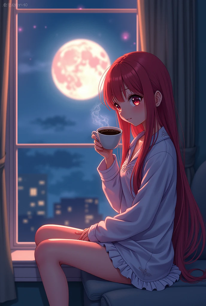 Anime girl, red long hair, red eyes, age 19, wearing pajamas, sitting by the window, drinking coffee, enjoying moonlight,full moonlight night, indoor, myth 
