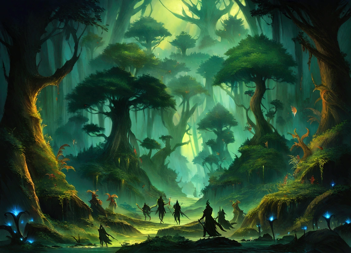 Dark forest concept art, Dark fantasy forest, Dark Fantasy Art, an ominous fantasy illustration, Dark Fantasy Art, Dark fantasy concept art, Dark Fantasy Background, Dark Forest Dungeons&Dragons, Epic fantasy digital art style, dark fantasy environment, Forbidden Forest, Dark fantasy landscape, 8k fantasy art