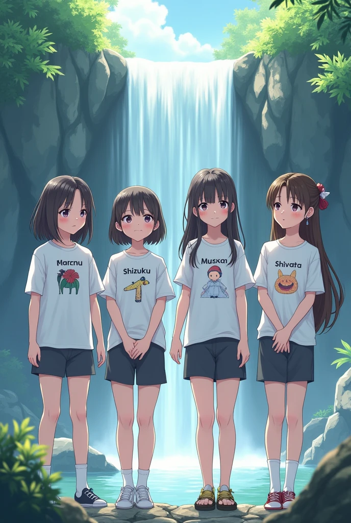 4 girls standing near waterfall wearing white shirt and
 design on their shirt is name written one girl name is harshu second shizuka third muskan and fourth shivu