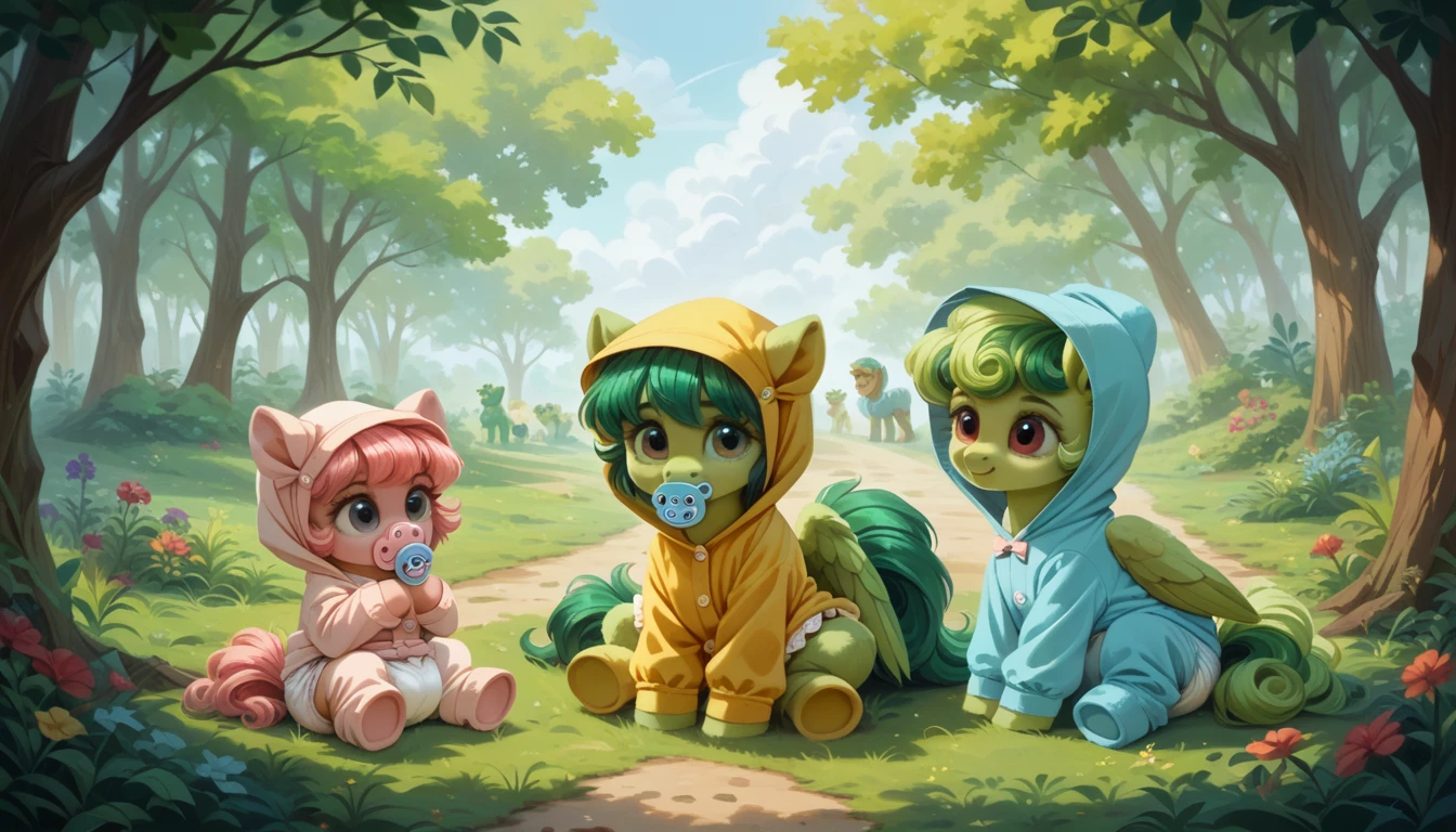 pony, Pegasus, adult filly, emerald green fur, a lush mane, gathered in a bonnet, fluffy tail with a bow, sitting outside, dressed in a onesie and booties, pacifier in mouth, solo, thick diaper under clothes.