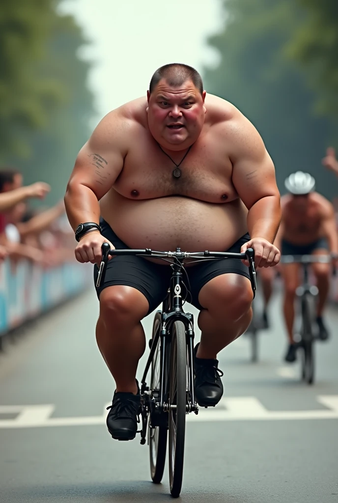 Fat man riding a bicycle to the finish line,Fat man riding a bicycle