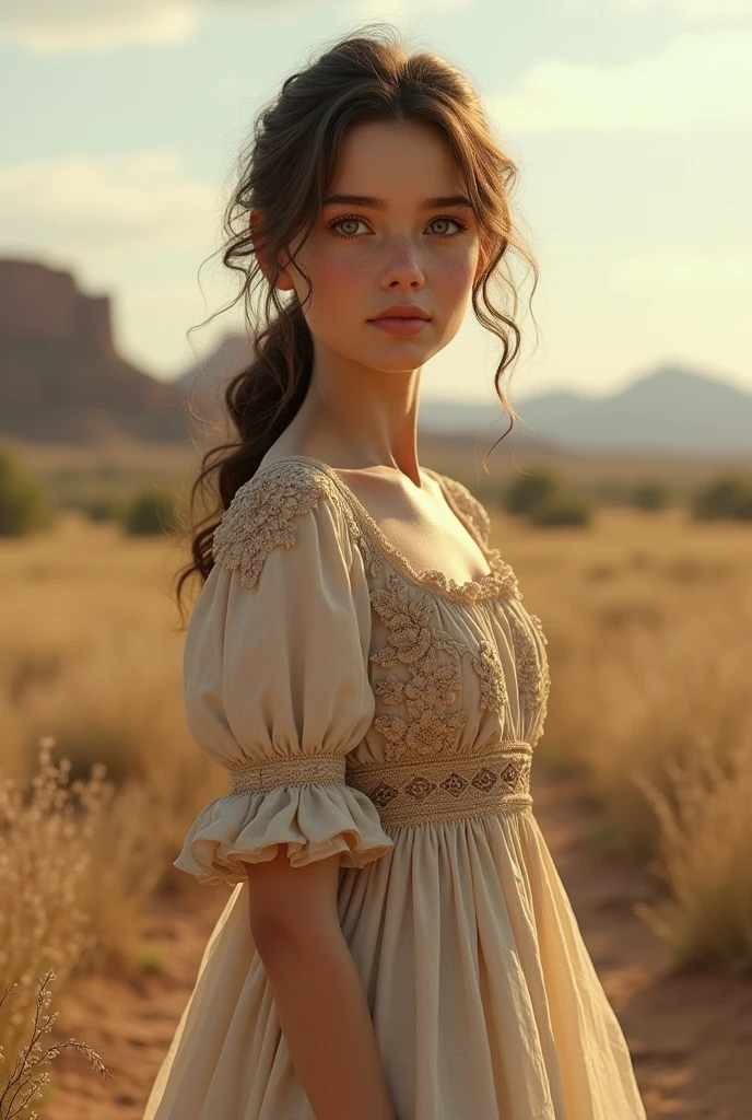 Create a girl, she wears a western dress and her eyes color was green,