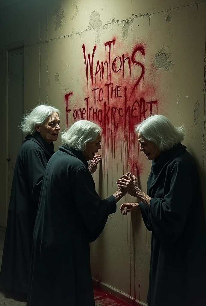 some scary old women writing the words "malak ismail mahir" on the wall with her blood