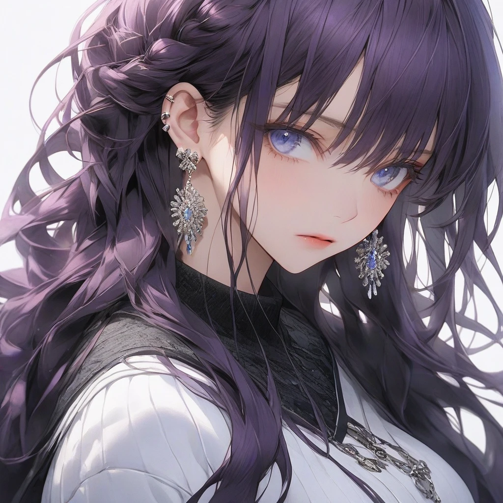 high resolution, Masterpiece, Anatomically correct, precise, qualityที่ดีที่สุด, quality, 1 woman, Age 20 years,very long hair, dark purple hair, blue eyes, Uneven hairstyles, big breasts, earring, Dark makeup, A cold expression., simple background, Close-up photography, decorations, Anime style, Wearing a street wears , street style , cool