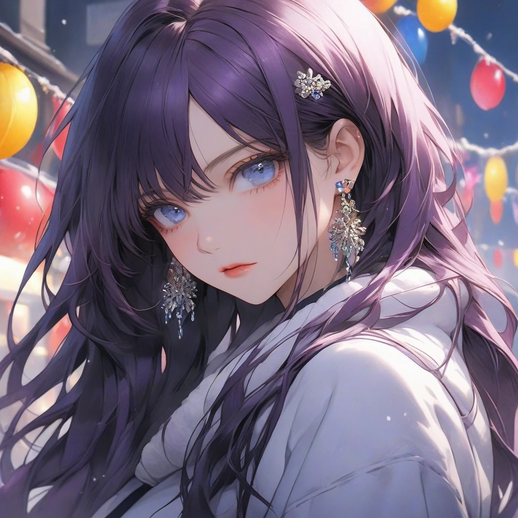 high resolution, Masterpiece, Anatomically correct, precise, qualityที่ดีที่สุด, quality, 1 woman, Age 20 years,very long hair, dark purple hair, blue eyes, Uneven hairstyles, big breasts, earring, Dark makeup, A cold expression., simple background, Close-up photography, decorations, Anime style, Wearing a street wears , street style , cool