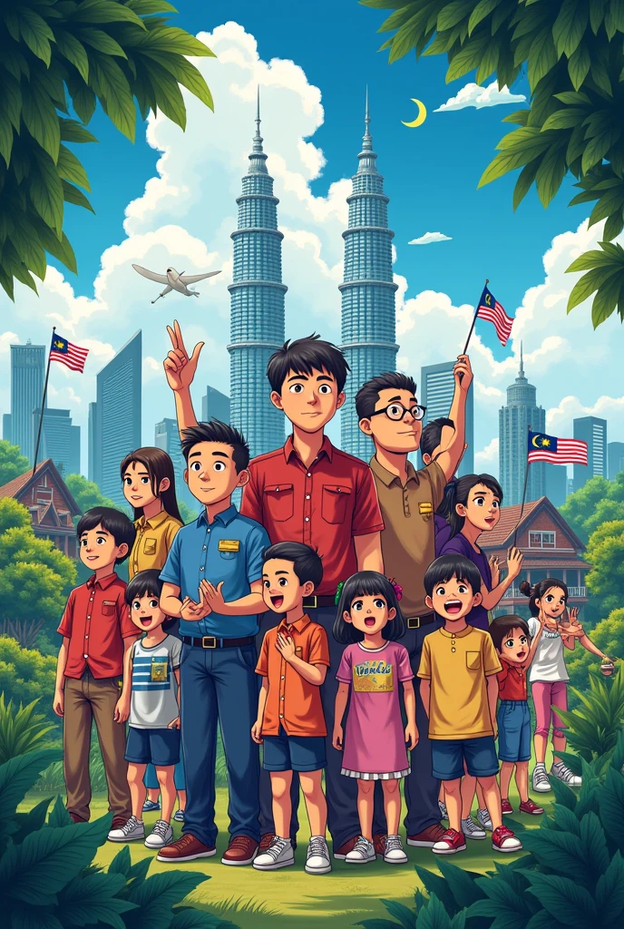 Landscape poster Independence Day Malaysia, anime style 