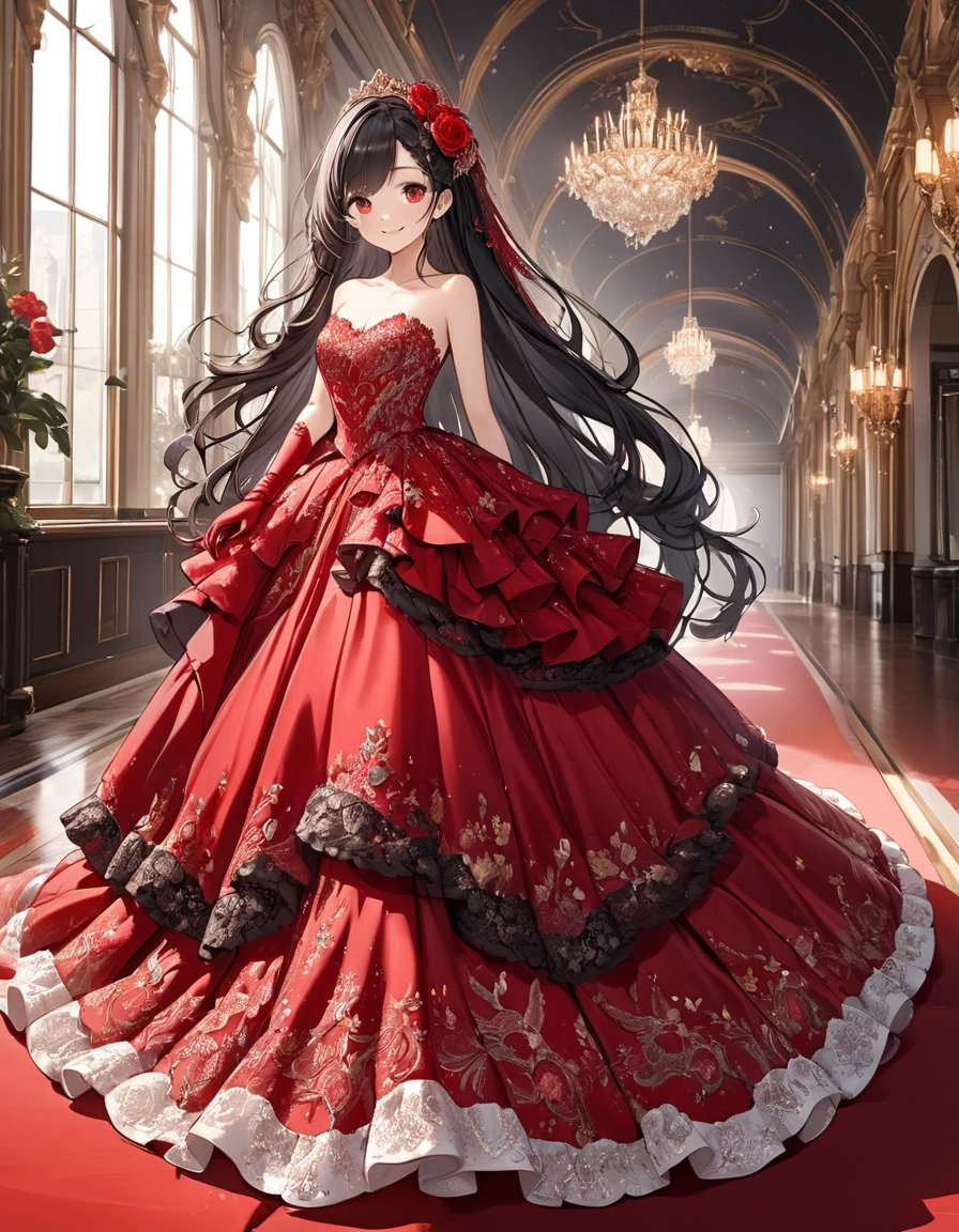 Girl, cute, adorable, full body, smiling, straight hair, long hair, black hair, standing,
red dress, full-length ball gown, (A stunning red full-length ball gown dress:1.2), featuring a sweetheart neckline and a fitted bodice adorned with delicate red lace embroidery and shimmering sequins, The dress has a dramatic, voluminous skirt with layers of tulle and satin, (strapless, cascading into elegant ruffles and intricate floral lace
patterns at ultra long skirt hem:1.2), Accessories include matching red gloves and a red flower in the hair, complementing the overall regal and elegant appearance, (red high heels:0.3),