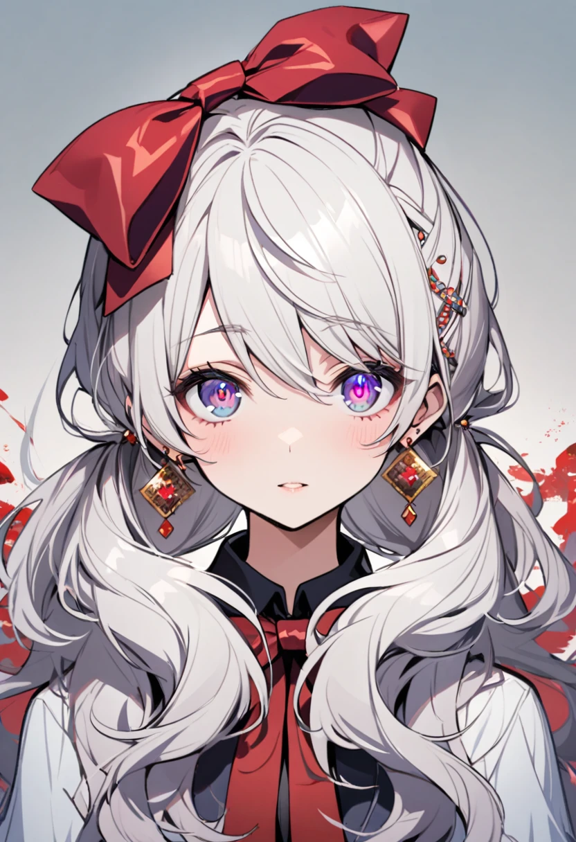 girl, mature, white hair, diamond earings, long hair, low twin tails, red bow on hair, two color eyes, one blue eye, one purple eye, adult. front face