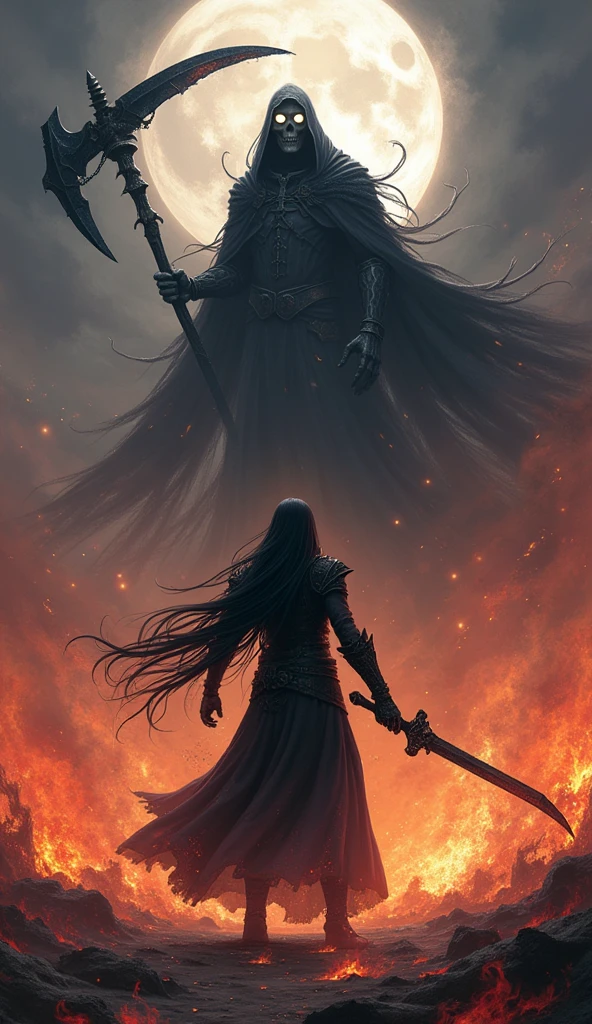 In the midst of a fiery battlefield, Voltex stands with his long black hair flowing dramatically and his pale complexion contrasting against the flames. He grips his dark sword with intense focus, and as he swings the blade, shadows begin to swirl and coalesce around him. The dark energy from his "Shadow Eclipse" ability creates a powerful vortex of darkness. Emerging from this swirling darkness is a formidable reaper, clad in a tattered black robe. The reaper's skeletal face, partially obscured by a shadowy hood, glows with an eerie, pale light. It wields a massive scythe that gleams ominously. The battlefield is illuminated by the contrast between Voltex’s dark, swirling magic and the fiery chaos of the monsters he faces. The reaper rises menacingly behind him, its presence adding an extra layer of fear and power to the scene, as Voltex’s shadows cut through the air and the defeated monsters lie scattered amidst the inferno.