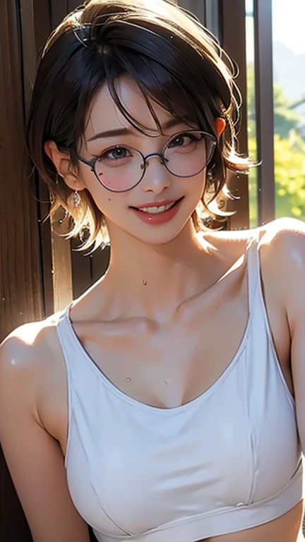 masterpiece, (highest quality), ((Most detailed)),  Mature Woman、short hair、(From head to toe)、Big Breasts、(Sweat)、Glasses、lips、Sports Bra、seductive smile