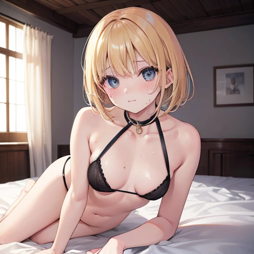 Nikon RAW Photos、8k、((Highest quality)), ((masterpiece)), (detailed), 、Two Women、Highest quality、masterpiece、Real、Serious expression、Dripping Sweat、Small breasts、Sit in the bedroom、sexy Hair、Blonde、超detailed, detailedな顔, 8k、Close-up portrait、whole body、belly button、Hazel Eyes、saika1、Black underwear