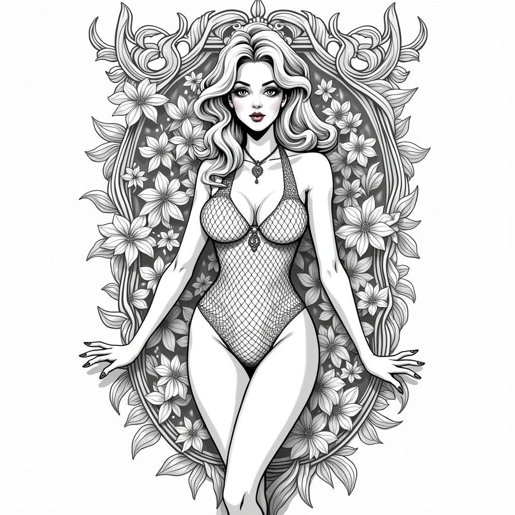 No color, adult coloring book, masterpiece, best quality, intricate details, highly detailed, Black ink on white bacground, stick figure 1 girl with a lot of flowers in background, its fine vector line art, full body portrait of beautyfull girl posing in sexy pose, Hollywood glam, beautiful line art, black and white comic style, manga style, black and white coloring , Extremely detail Disney banksy art sticker, full body fantasy character unclad wearing only a bodysuit made of fishnet, soul, digital illustration, comic book style, steampunk noir, perfect anatomy, approaching perfection, dynamic, highly detailed, artstation, concept art, sharp focus, illustration, art by Carne Griffiths and Wadim Kashin, by zer0pixels.