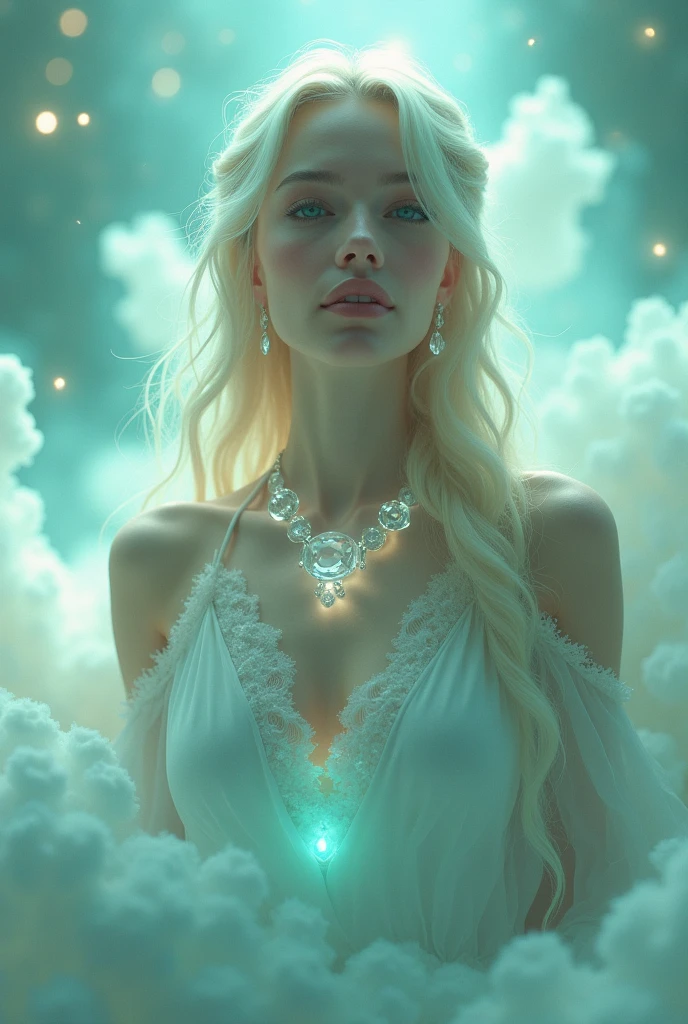 Emphasizing the combination of mint-colored cotton candy clouds, beautiful transparent jewelry, glow from jewelry, a full-body shot of the beautiful goddess of hope, mysterious, mysterious lighting, harmony of fog filters, white, mint, silver, full shot, detail, artwork, deep gaze high definition