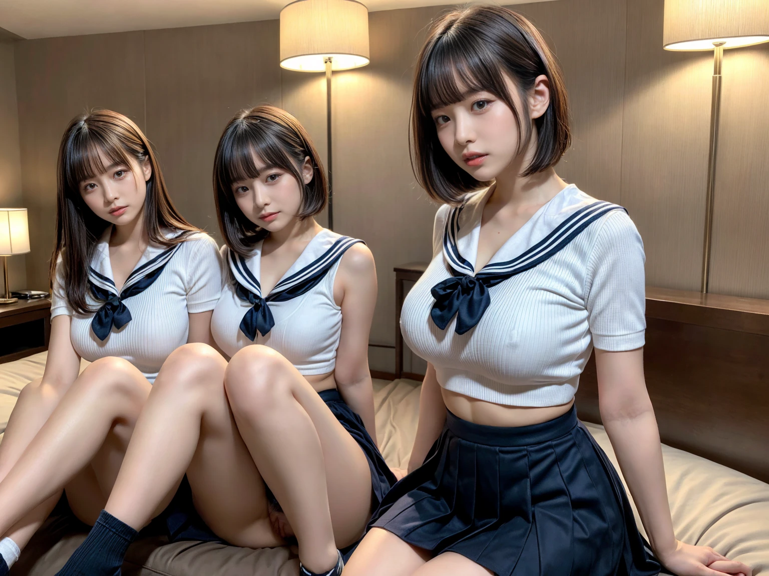 masterpiece, best quality, illustration, Super detailed, fine details, High resolution, 8K,wall paper, perfect dynamic composition,(Details High quality, realistic depiction of eyes:1.3), (NSFW), (3 girls), (1 man), (Two girls and one guy having sexual intercourse.), Black Sailor Uniform, serafuku, Navy pleated skirt, sitting, open legs, short bob hair, in a hotel room in the background, deep on field, large breasts, black hair color, Big Natural Color Lip, (perfect body shape), crying a little、Harajuku style、20 year old girl、cute type、beautiful legs, Gravure Idol