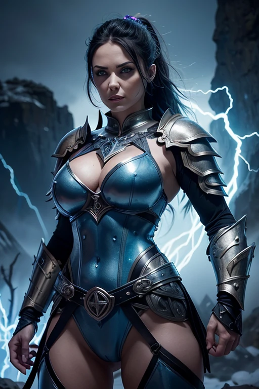 Aletta Ocean, angry evil beautiful and muscular, Nordic female, towering storm Giantess with blue black hair in a ponytail, older and mature woman, throwing a lightning ball, celtic glowing tattoos, wearing nordic steel runic plate mail Armour , temple cave background with lightning storm, glowing blue eyes, square jaw, powerful and imposing, winter clothing, pale blue purple skin, ((full plate celtic dragon armour)), nordic tattoos