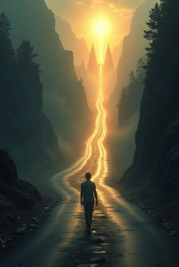 An image showing a road that is dividing into two different roads, left road being dark and gloomy, and the right road being a path to temples and bright, where a man is walking towards the dark path