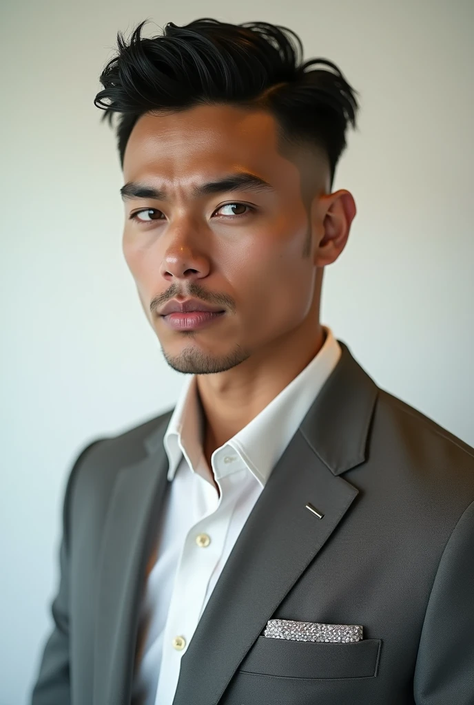 (photorealism:1.2), handsome man, suit, combination between Sylus and Zayne from Love and Deepspace