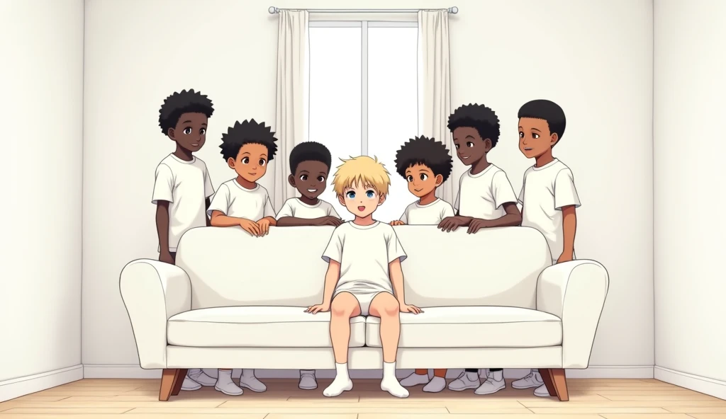 This image needs to be anime style. Six black boys are behind a white sofa smiling and looking forward. They are only wearing a white shirt, white underwear and white socks. On the sofa there is a fair-skinned boy sitting looking forward and smiling. He has blonde hair, blue eyes and is wearing a white shirt, white underwear and white socks. The place they are in is a white room and has a small window with white curtains.