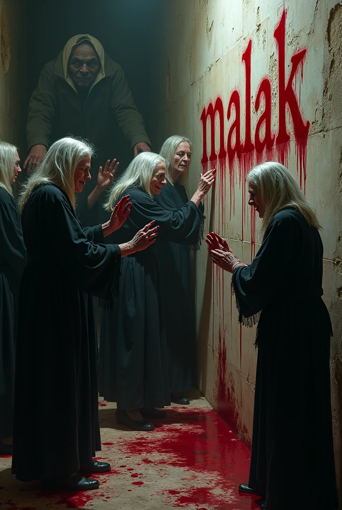 some scary old women writing the words "malak" on the wall with her blood