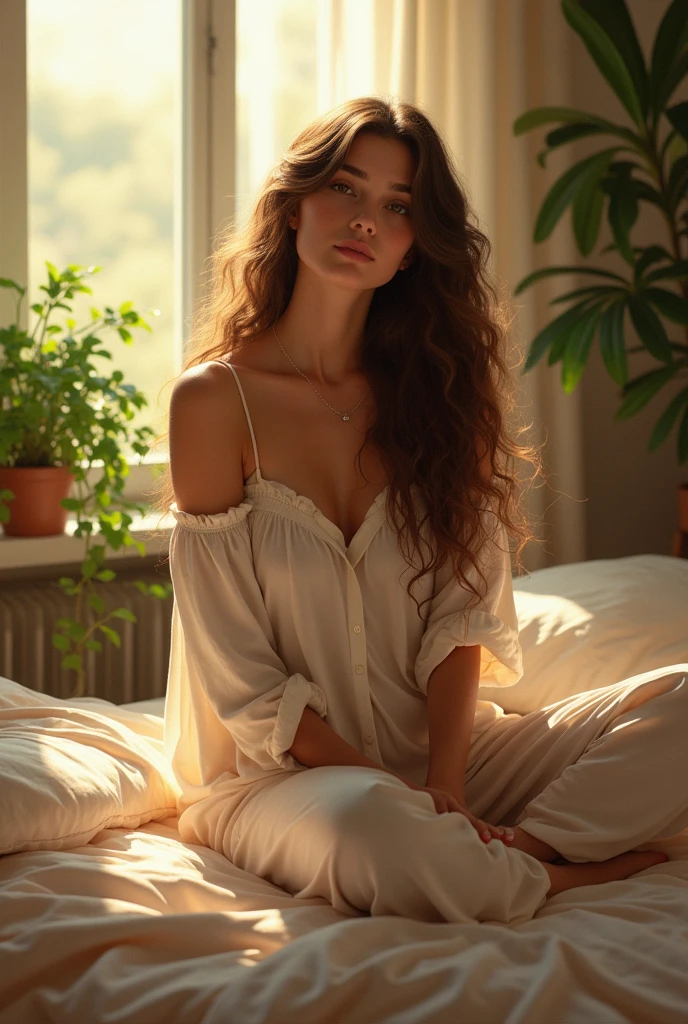 (photorealism:1.2), beautiful woman, sitting on bed, wearing loose off-shoulder top, pajama pants, long curly hair, indoors, soft lighting, plants in background, window with sunlight, cozy room, relaxed pose, realistic, intricate details, warm colors, by Greg Rutkowski, by Alphonse Mucha