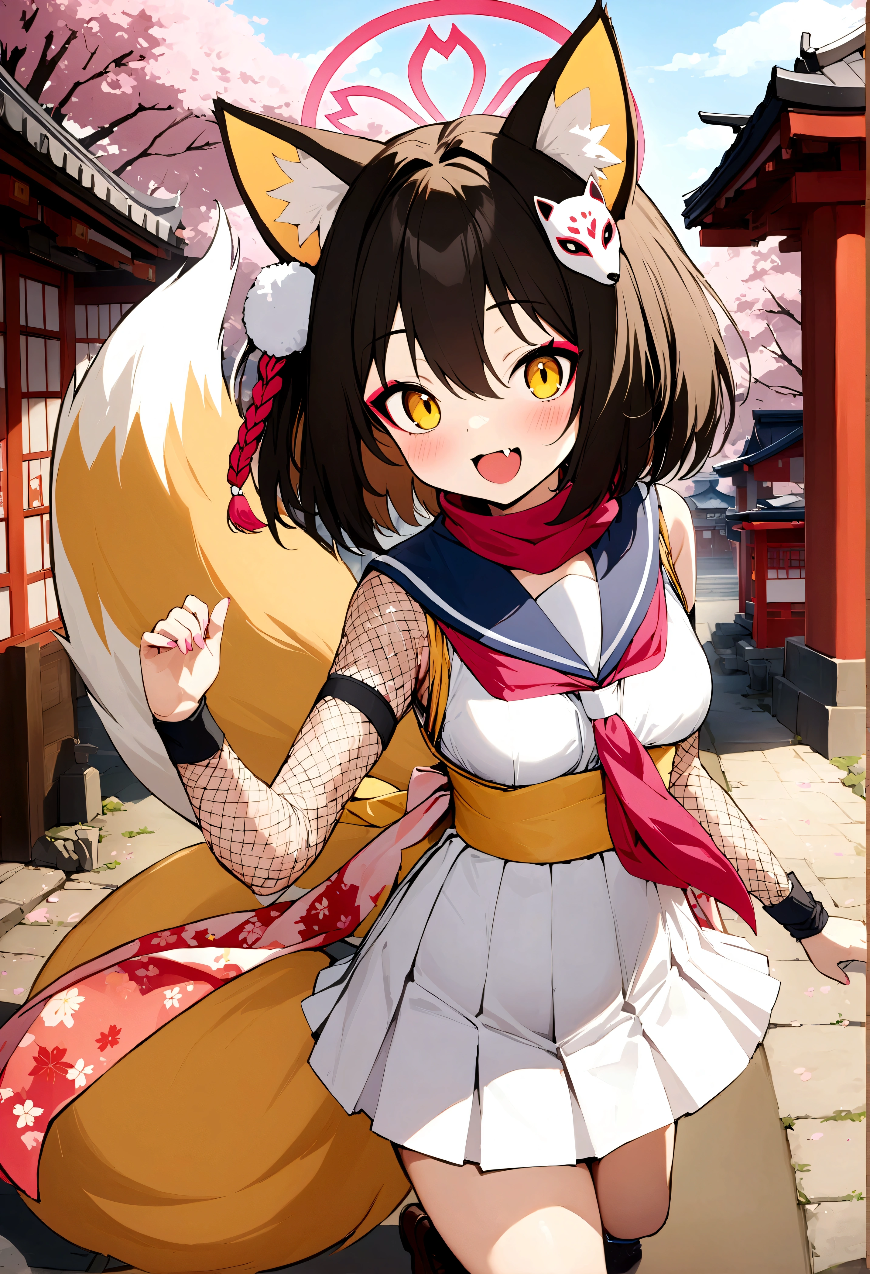 (masterpiece:1.2),(best quality:1.2),(ultra-detailed),1girl,izuna-default, izuna \(blue archive\),yellow eyes, black hair, animal ears, halo,fox tail,, japanese clothes,scarf,serafuku,skirt,gloves,(fishnets:1.1),single black sock,loafers,smile, looking at viewer, blush, hand up, skin fang,cowboy shot, dynamic pose, outdoors, japan,shrine,cherry blossoms,morning,fine weather,