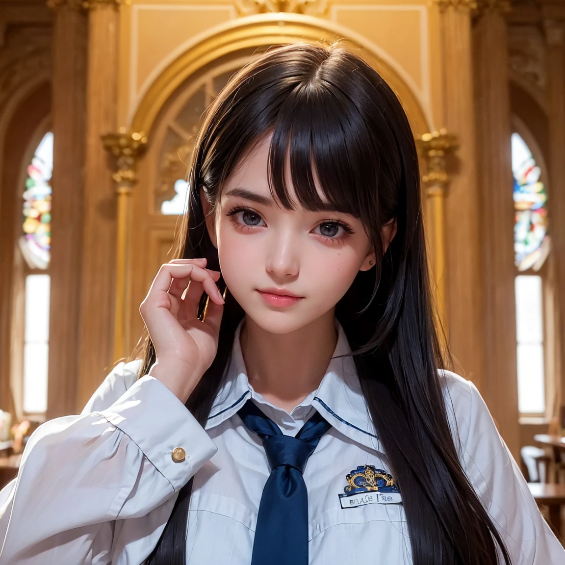 (masterpiece, best quality:1.5), ultra detailed, high resolution, 16k, the most beautiful face in the world, perfect face, delicate facial features, highly detailed beautiful face and eyes, shiny skin, highly detailed background, elaborately designed, fine cloth texture, perfect anatomy, BREAK, (gorgeous and stunning girl in traditional school uniform:1.3), perfect teenage make-up, deeply in love, full of elegance, ideal body, solo, (full body:1.5)