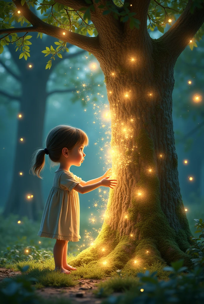 Little "girl" touching the trunk of the Magic Tree, with a bright, intense glow emanating from the tree. Sparkling lights fill the air, creating a magical and enchanting atmosphere.