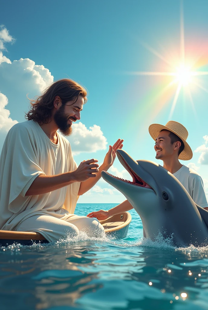 Jesus Christ pats a dolphin on the head. They are on the boat, reaching out and touching things, having fun and laughing. they are shining. Surrounded by rainbow-colored light. Jesus of Nazareth is depicted as a gentle, gentle man with shoulder-length hair. His wavy brown hair cascades over his shoulders. His face conveys deep wisdom and empathy, radiating warmth and understanding. The other man is depicted as a kind-hearted Japanese man with a Buddha-like shaved head and a gentle, cheerful expression. The Japanese man's face conveys deep wisdom and empathy, exuding warmth and understanding. Sunshine on the blue sky and white clouds. They are wearing white T-shirts, jeans, and straw hats. Photography, close-up, highly detailed, trending at the art station, sharp focus, studio shot, intricate details, Greg Rutkowski,