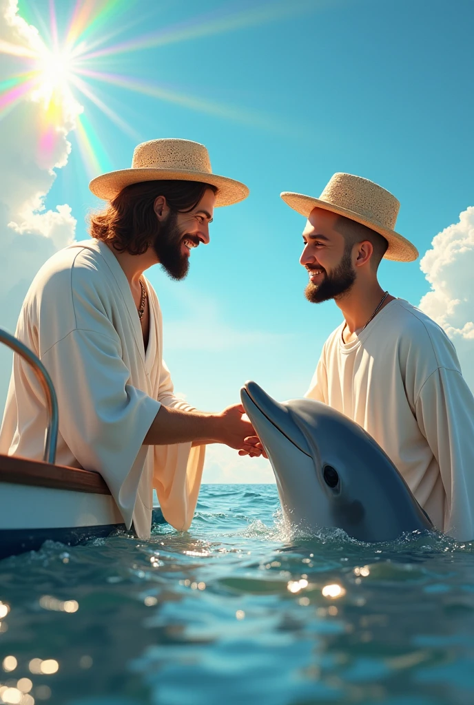 Jesus Christ pats a dolphin on the head. They are on the boat, reaching out and touching things, having fun and laughing. they are shining. Surrounded by rainbow-colored light. Jesus of Nazareth is depicted as a gentle, gentle man with shoulder-length hair. His wavy brown hair cascades over his shoulders. His face conveys deep wisdom and empathy, radiating warmth and understanding. The other man is depicted as a kind-hearted Japanese man with a Buddha-like shaved head and a gentle, cheerful expression. The Japanese man's face conveys deep wisdom and empathy, exuding warmth and understanding. Sunshine on the blue sky and white clouds. They are wearing white T-shirts, jeans, and straw hats. Photography, close-up, highly detailed, trending at the art station, sharp focus, studio shot, intricate details, Greg Rutkowski,