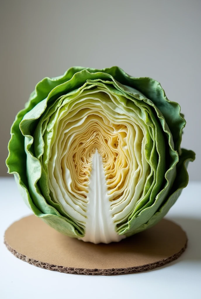 **Create an image of a half-cut cabbage model with the following features:**
1. **Base:** A flat, circular piece of cardboard.
2. **Core:** A central structure made of wire or pipe cleaners to represent the cabbage’s core.
3. **Fabric Layers:** cotton layered around the core to mimic cabbage leaves. The fabric should overlap , leafy pattern.
4. **Wax Coating:** The fabric is covered with a layer of hardened candle wax, giving it a solid, textured look.
5. **Cut Section:** The cabbage model is sliced in half to show the inside, including the layered leaves and the core.
The image should clearly show the internal layers and structure of the cabbage, with a focus on the half-cut view.
---