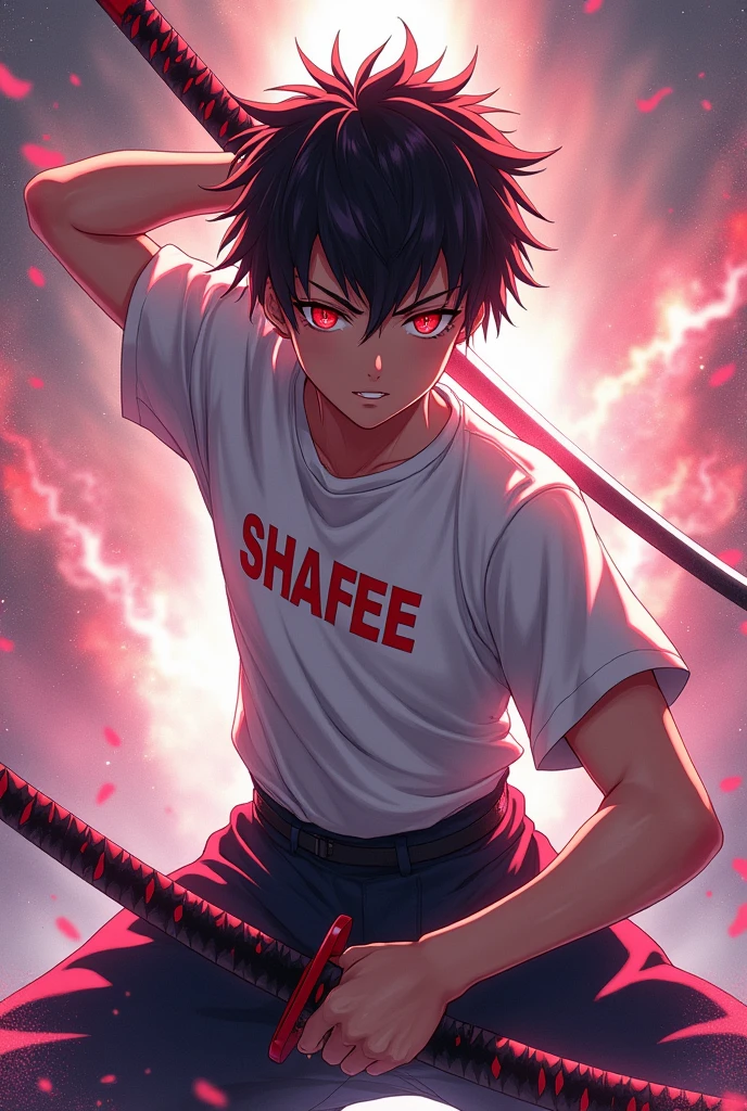 Anime boy black red mixing hair, katana pose, wearing a t-shirt "SHAFEE" written in the tshirt, , shining red eyes, aura infinity, handsome,