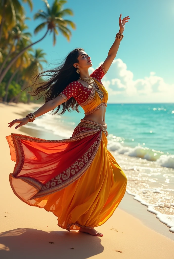 Beautiful Indian girl dancing on beach 