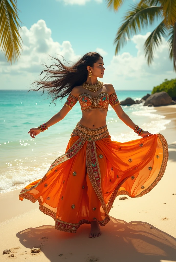 Beautiful Indian girl dancing on beach 