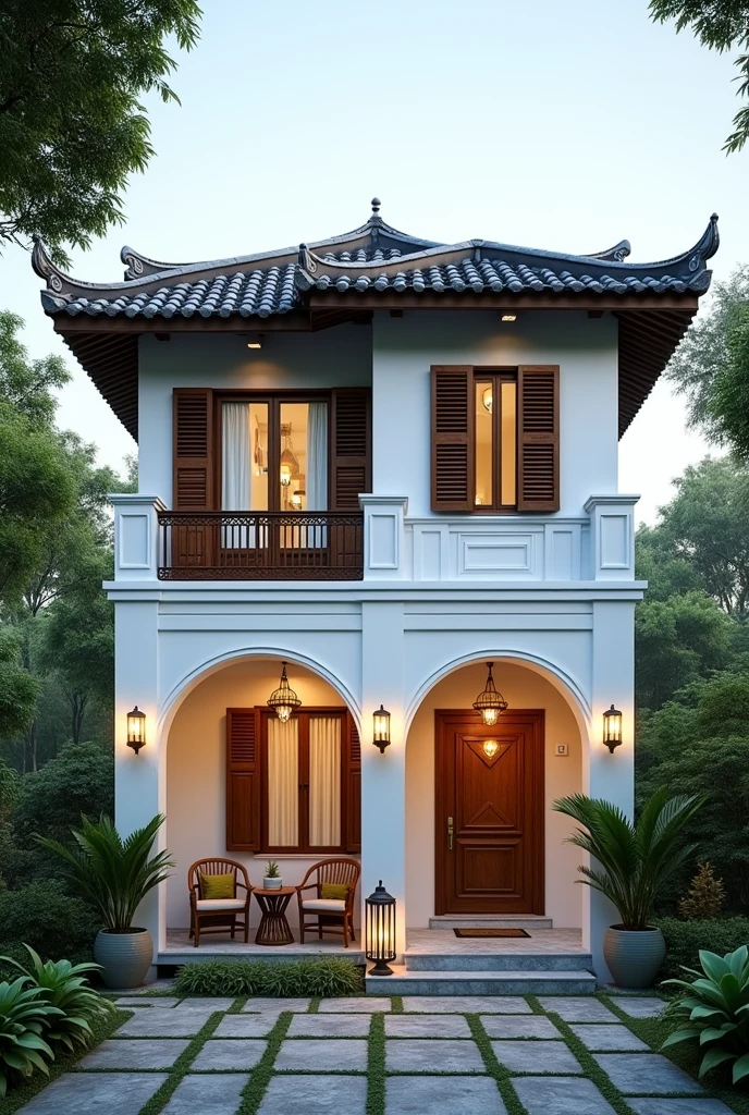 Render a small 3-story Indochine-style villa in a serene setting. The villa's exterior is painted in a simple, elegant white, with traditional Indochine architectural elements such as arched windows, wooden shutters, and decorative railings. The roof features a two-sided sloping design similar to the houses in Hoi An, with the slopes running front to back, contrasting beautifully with the white walls. Lush greenery surrounds the villa, with a well-manicured garden featuring tropical plants and a cobblestone pathway leading to the entrance. The front porch has classic wooden furniture and lanterns, evoking a sense of timeless elegance. The lighting highlights the villa's sophisticated design and harmonious blend of traditional and modern elements. 8k resolution, UHD, high-quality detail, Indochine style, white exterior, arched windows, wooden shutters, decorative railings, two-sided sloping roof, Hoi An style, lush greenery, manicured garden, cobblestone pathway, classic wooden furniture, lanterns, harmonious blend of traditional and modern elements, sophisticated design, serene setting, attracted lighting, real sunlight