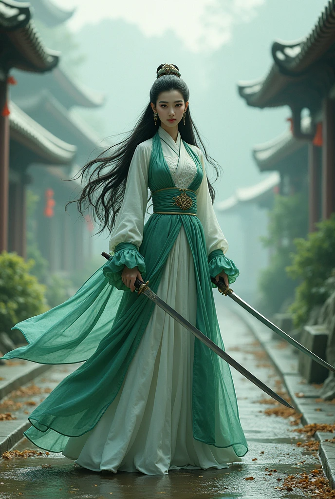 (masterpiece, best quality:1.2),Wavy hair maid，solitary,wear glasses，Exquisite eyes,Fine black hair，Charming Eyeshadow( White people:1.2)( Snake scale skin:1.2)，Chinese,( Smooth skin:1.2)，whole body， Slender body proportions，Moist and sexy plump lips，Long legs，Perfect fingers，(masterpiece, best quality:1.2), Eloquent style, Green female snake demon，A Chinese female warrior in ancient attire，standing in the middle of a small road, holding a sword in one hand