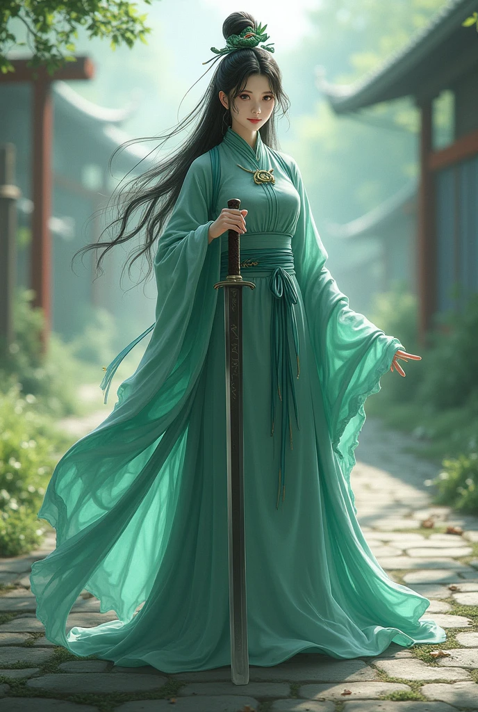 (masterpiece, best quality:1.2),Wavy hair maid,solitary,wear glasses,Exquisite eyes,Fine black hair,Charming Eyeshadow( White people:1.2)( Snake scale skin:1.2),Chinese,( Smooth skin:1.2),whole body, Slender body proportions,Moist and sexy plump lips,Long legs,Perfect fingers,(masterpiece, best quality:1.2), Eloquent style, Green female snake demon,A Chinese female warrior in ancient attire,standing in the middle of a small road, holding a sword in one hand