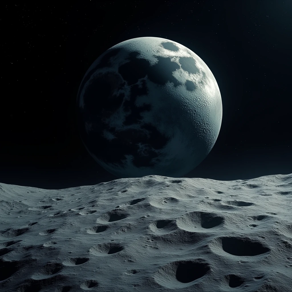 Realistic photos of the moon。The earth can be seen in the distance
