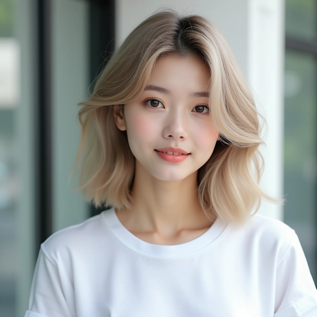 Hair style above the collarbone、Medium Hairstyles、Constriction Hairstyles、Hair style without bangs、Hair style without top parting、Transparent beige hair color、Natural Makeup、Korean Idol Style Face、White T-shirt、looking at the camera、Natural light、Luxury building background、Light blush、Adult beautiful、Pale eyebrows