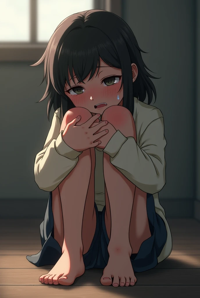 A injured leg girl sitting  and crying