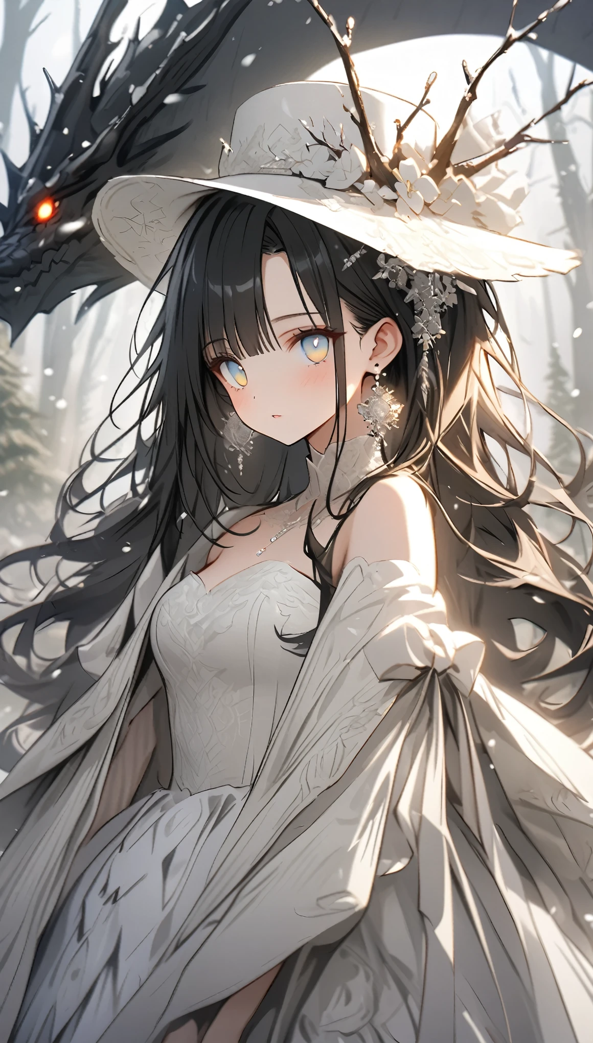 Exquisite facial features,Girl in Western style white wedding dress,glazed eyes,Delicate headwear and silver earrings,cabelos preto e longos,light snowing,Tree branches,Forest Backglue,adolable、Together with the Black Dragon