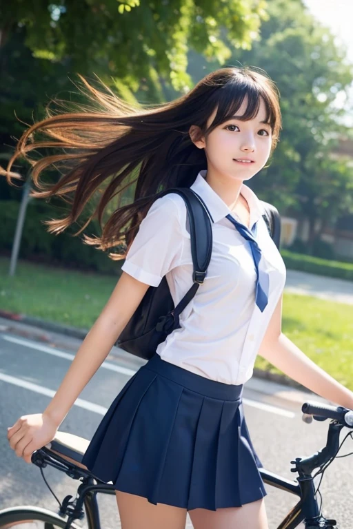 beautiful girl、high school girl、uniform、mini skirt、See-through、Fluttering in the wind、cycling