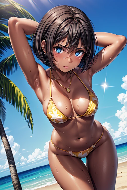 #Basic
A girl posing for a photo, (((One Girl))), (((Baby Face:1.4)) + ((cute:1.4)) + (())),
break
#Clothing Accessories
((A bikini with a bright tropical pattern)) + white high heel sandals,
(Gold Hoop Earrings), (gold fancy bracelet), (A necklace studded with many precious stones),
break
#Features
((Black Hair:1.2)) + ((Bob Cut Hair) : Long Hair:1.4 + Voluminous Hair + Disheveled Hair:1.4),
((drooping eyes:1.4, Big eyes:1.2), blue eyes), (Small breasts + Flat chest), (中性的な顔のFeatures),
((sensuous:1.5)), ((Tanned dark skin:1.4)),
break
#background environment
((noon, (Sunny tropical beach:1.1), ((blue sky)))),
#Facial Expression Pose
((blush:1.2, Bad mood, Glare)), ((A pose where both legs are firmly planted on the ground.、Hands clasped behind the head with armpits visible, Sweating in the body)),
#composition
((To the camera), (Angle from the front), (Character Focus), (Cowboy Shot)),
break
#Body parts elements
(Slim figure),
(Symmetrical facial features),
(Detailed Hair, Beautiful Hair, Shiny Hair),
(double eyelid, Long eyelashes, Thin eyebrows:0.5, Thin eyebrows:0.5),
(Expression of fine eyes, Beautiful and delicate eyes, Sparkling eyes, Eye Reflexes, Glitter Eyeliner),
(Human Ear),
(Beautiful Nose, Thin Nose),
(Glossy Lips, Beautiful Lips, Thick lips),
(Detailed skin, Textured skin, Beautiful Skin, Oily skin),
break
#quality
(((最高quality)), ((masterpiece:1.3)), ((Very detailed))), ((Ultra-high resolution)), ((16K)), ((1080P)), ((Full HD)),
((Anatomically correct)), ((Realistic)), (3DCG), ((Oil painting)),
((comics, anime)), (CG illustration), (RAW Photos),