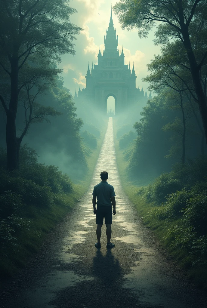 An image showing a road that is diverging into two  different roads, left road being dark and gloomy, and the right road being a path to temples and bright, where a man is walking towards the dark path